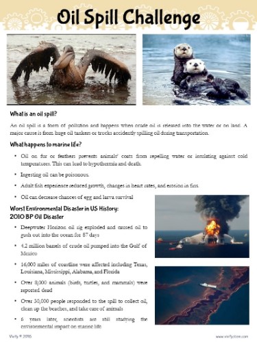 Real-World connection - Page from Vivify's Oil Spill Challenge Product, Click for more information