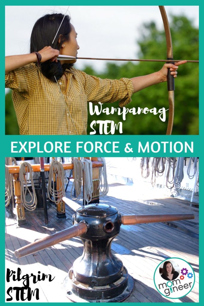 Explore force and motion with Thanksgiving STEM Wampanoag bow and arrow and Pilgrim capstan. | Meredith Anderson - Momgineer