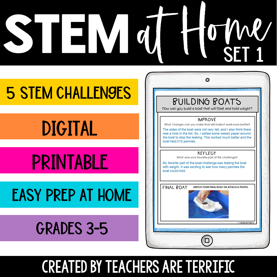 STEM at Home 5 challenges- each has a teacher's guide, a 3-page handout for students, and a video suggestion. Handouts are provided in printable and Google slides.
