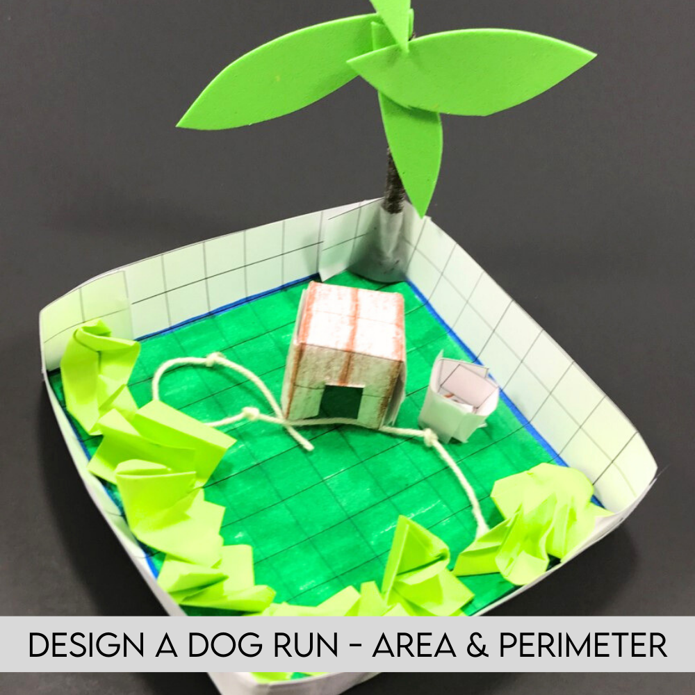 STEM Challenge featuring math skills- students learn about area and perimeter and design a miniature dog run. STEM Activities for Kids