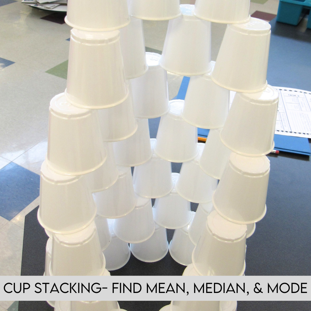 STEM Challenge featuring math skills- students find the mean, median, mode, and range of cups stacked in unusual styles. STEM Activities for Kids