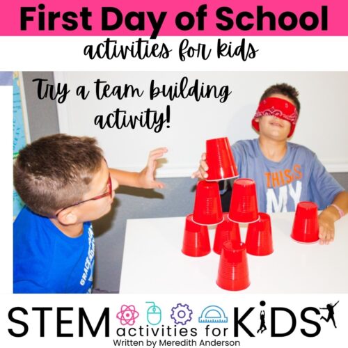 First Day of School team building activity. Try stacking cups under the direction of a partner without looking!